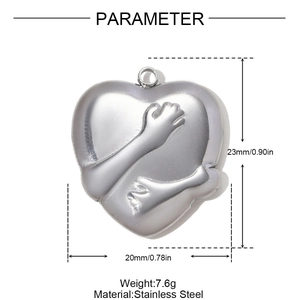Detailed size chart of stainless steel heart hug pendant showing 23mm by 20mm dimensions