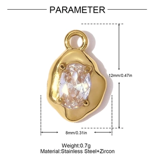 Detail view of 12mm gold stainless steel charm with oval zircon and size measurements