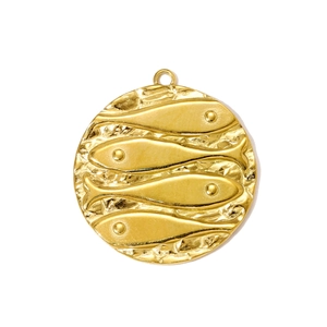 Detail of round gold stainless steel pendant featuring four fish relief and hammered texture