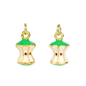 Detailed macro view of 3D apple core charms with gold frame and green enamel finish