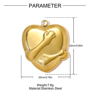 Detailed view of heart-shaped hug pendant in gold finish with precise measurements