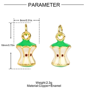 Technical drawing showing dimensions of apple core pendant in copper and enamel