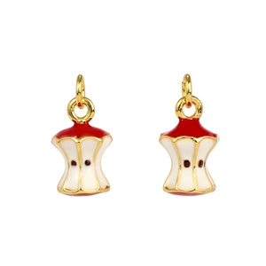 Macro detail of 3D apple core charms with red enamel oil and gold-plated copper zircon