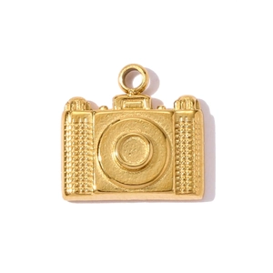 Gedetailleerde weergave van een vintage camera-bedel van goud verguld roestvrij staal