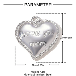 Polished heart pendant in stainless steel with Love You More engraving and beaded edge