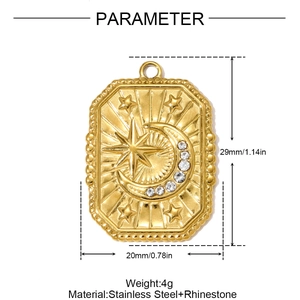 Detail of star and moon rectangular pendant in gold finish with dimensions and weight