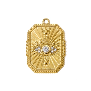 Detailed view of gold rectangular All-Seeing Eye pendant with zircon and stars