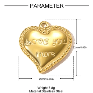Golden heart-shaped stainless steel pendant with Love You More engraving and bead edge