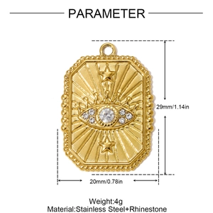 Detailed view of gold stainless steel evil eye pendant with rhinestones and star engravings