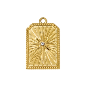 Detail view of a gold stainless steel starburst pendant with a center zircon stone
