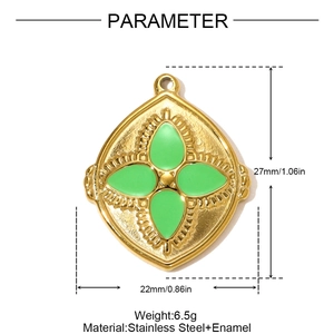 Size specifications for clover pendant in gold stainless steel with green enamel detail