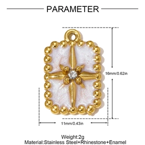 Detail view of a 11x16mm gold stainless steel charm with white enamel and star crystal