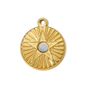 Detailed close-up of a golden star pendant with a light blue gemstone inlay for necklaces
