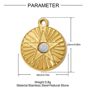 Detail view of gold stainless steel starburst pendant with natural moonstone inlay
