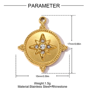 Detailweergave van een 17mm gouden roestvrijstalen achtpuntige ster hanger met strass