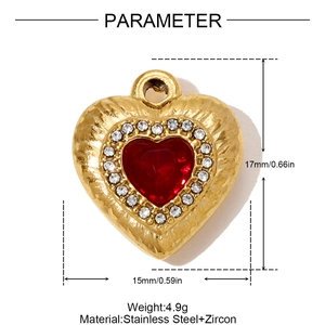 Paramètres détaillés du pendentif cœur en zircon rouge en acier inoxydable 17mm x 15mm