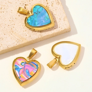 Golden heart-shaped stainless steel locket necklaces with colorful marble textures