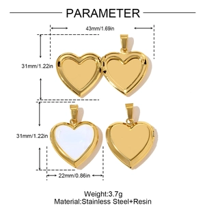 Golden stainless steel heart locket necklace with resin inlay and interior photo slot