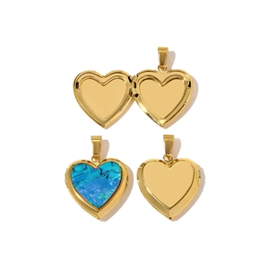 Detailed view of open heart photo locket with gold finish and blue shell inlay design