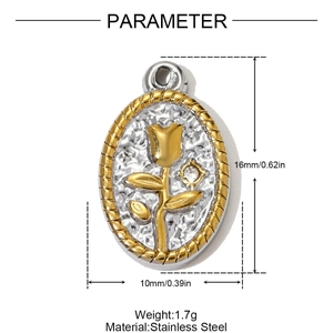 Spécifications de taille pour le pendentif rose ovale en acier inoxydable avec mesures
