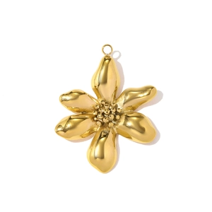 Close-up of golden six-petal flower pendant with polished finish and center bead detail