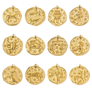 Titanium Steel Twelve Zodiac Signs Relief Coin Pendants For DIY Jewelry Making French Retro Golden Constellation Charms Women