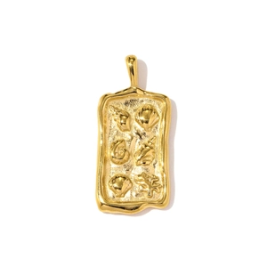 Detailed relief of shell and coral motifs on a gold rectangular stainless steel pendant