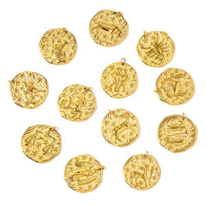 Relief zodiac coin pendants in gold plated stainless steel with astrological motifs