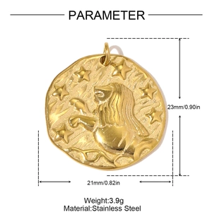 Gold Leo zodiac relief pendant in stainless steel with star elements on white background