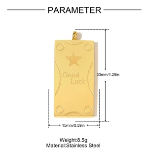 Macro detail of Good Luck stainless steel pendant with dimensions 33mm by 15mm
