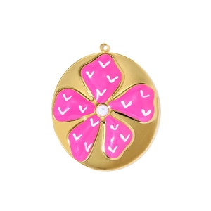 Detail of a golden round pendant featuring pink enamel flower with pearl center detail