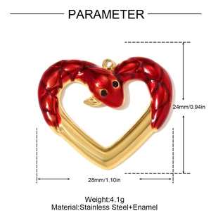 Close-up of heart-shaped snake pendant with red enamel, detail size and material specs
