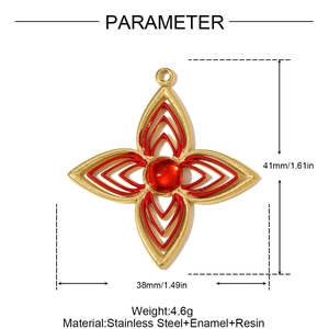 Detailed parameter view of 41mm golden flower pendant with red enamel and resin bead