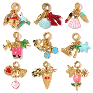 Stainless Steel DIY Pendant Charms Enamel Rhinestone Bee Flower Heart Starfish Airplane Suitcase Jewelry Making Accessories