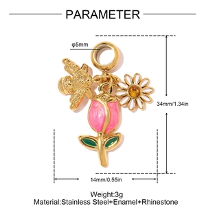 Stainless steel bee, rose and daisy charms pendant necklace with size measurements