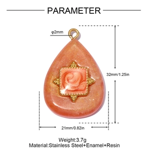 Detailed view of an orange resin teardrop pendant with rose relief and size dimensions