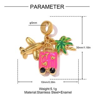 Detailed view of travel charms with dimensions for plane, palm tree, and suitcase pendants