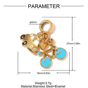 Detail of stainless steel car and bicycle pendant with blue enamel and measurements