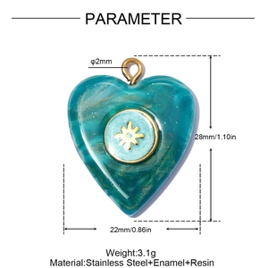 Macro view of heart-shaped evil eye pendant showing exact dimensions and weight details