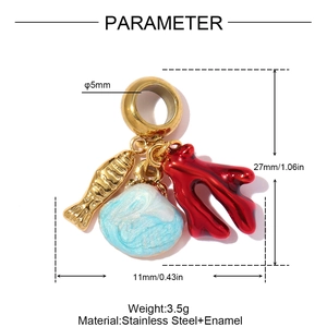 Detail of stainless steel ocean charms with red coral, shell and fish pendants