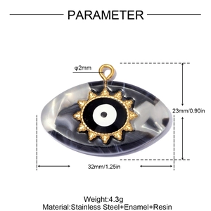 Technical drawing of a resin evil eye pendant with exact dimensions and material specs