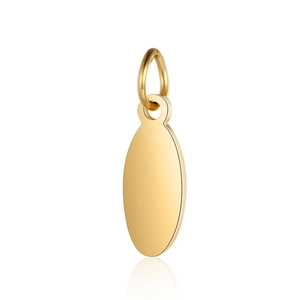 Macro view of mirror polished gold oval pendant with jump ring for jewelry making