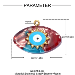 Detailed view of red Evil Eye pendant with measurements: 32mm x 23mm, stainless steel and resin