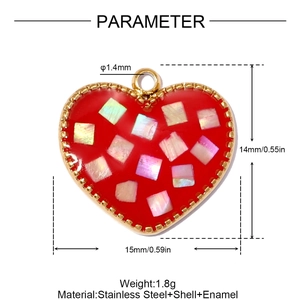 Dimensiones técnicas del colgante de corazón rojo con incrustaciones de concha color
