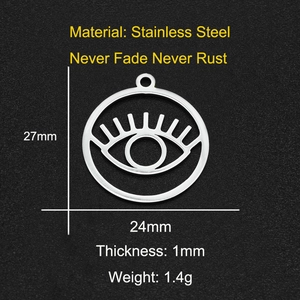 Detail of 24x27mm stainless steel evil eye pendant with exact size specifications