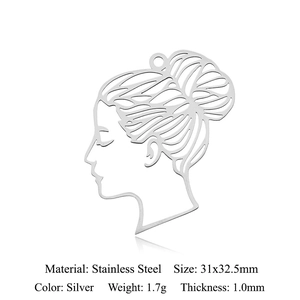 Pendentif profil de femme ajouré en acier inoxydable argenté pour la création bijoux