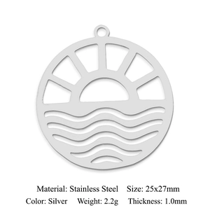 Dimensions du pendentif en acier inoxydable avec soleil et vagues, détails de 25x27mm