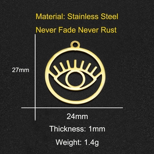 Macro shot of 27mm gold stainless steel evil eye charm with dimensions and material specs