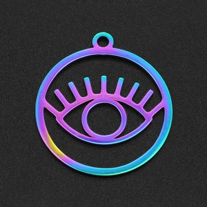 Rainbow plated stainless steel evil eye pendant with vibrant metallic color gradients