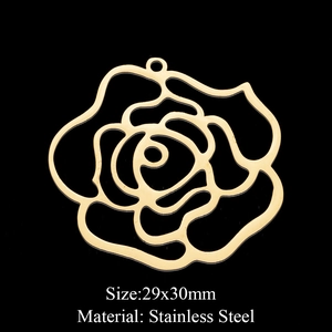 Detail view of a 29x30mm golden stainless steel hollow rose flower pendant with top ring